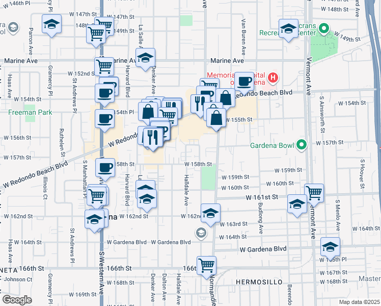map of restaurants, bars, coffee shops, grocery stores, and more near 15718 Halldale Avenue in Gardena