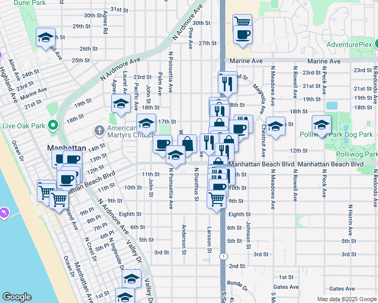 map of restaurants, bars, coffee shops, grocery stores, and more near 1148 Walnut Avenue in Manhattan Beach