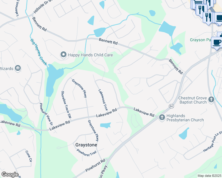 map of restaurants, bars, coffee shops, grocery stores, and more near 2031 Lakewood Circle Southwest in Grayson