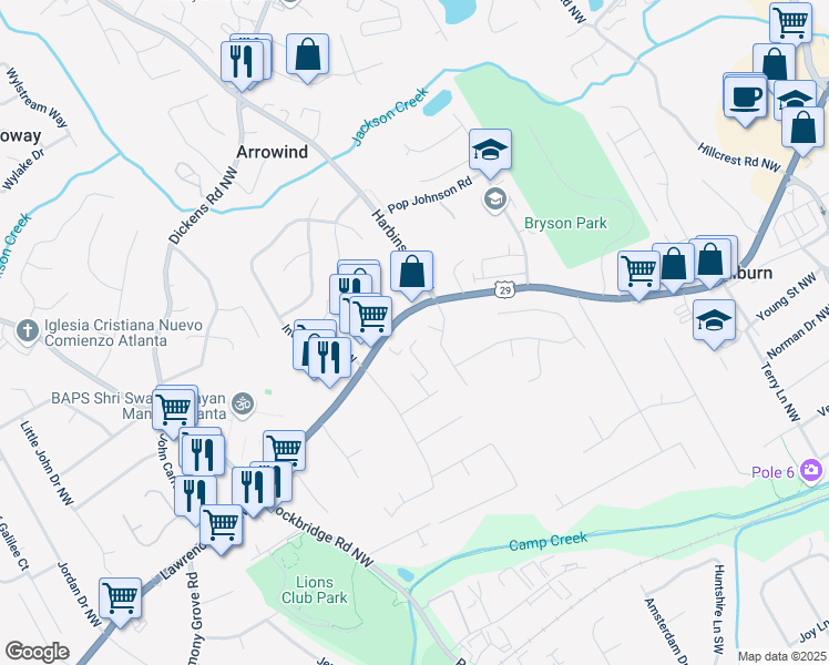 map of restaurants, bars, coffee shops, grocery stores, and more near 500 Rockfern Court in Lilburn