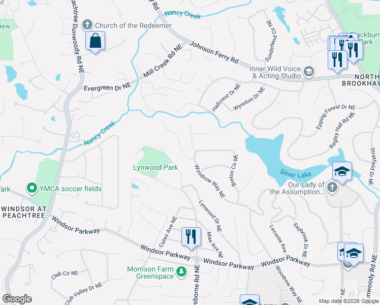 map of restaurants, bars, coffee shops, grocery stores, and more near 3326 Breton Court Northeast in Atlanta