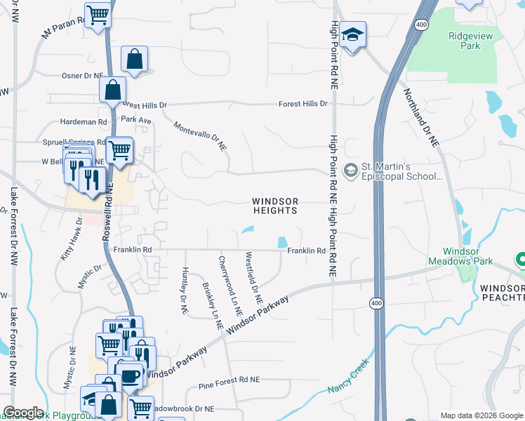 map of restaurants, bars, coffee shops, grocery stores, and more near 465 Highbrook Drive Northeast in Atlanta