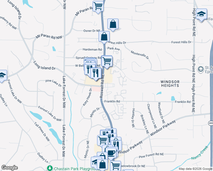 map of restaurants, bars, coffee shops, grocery stores, and more near 4883 Roswell Road Northeast in Atlanta