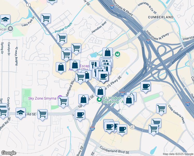 map of restaurants, bars, coffee shops, grocery stores, and more near 925 Battery Avenue Southeast in Atlanta