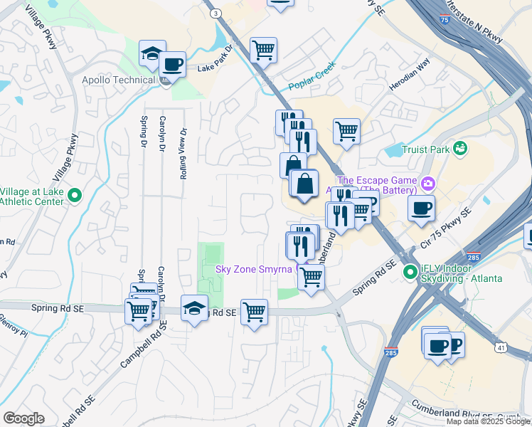 map of restaurants, bars, coffee shops, grocery stores, and more near 5034 Bell Drive Southeast in Smyrna