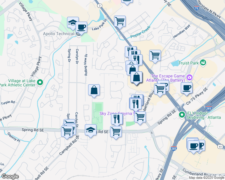 map of restaurants, bars, coffee shops, grocery stores, and more near 2025 Oakley Trace in Smyrna
