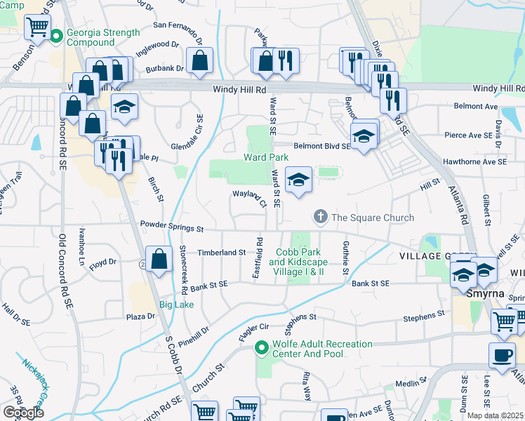 map of restaurants, bars, coffee shops, grocery stores, and more near 892 Wayland Court in Smyrna