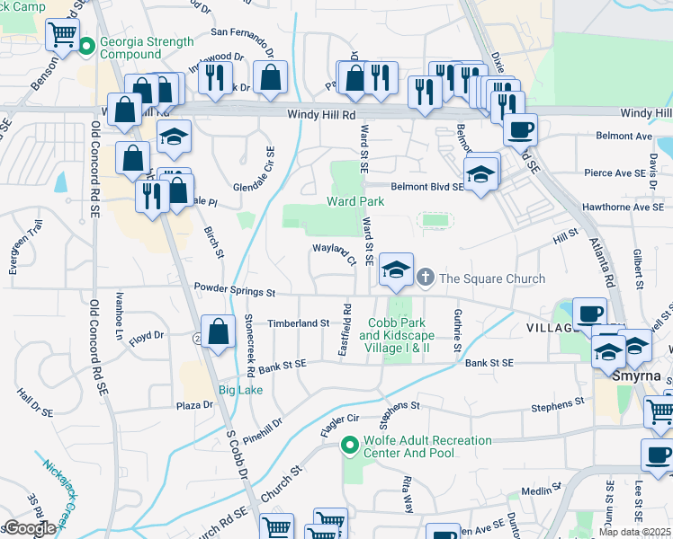 map of restaurants, bars, coffee shops, grocery stores, and more near 892 Wayland Court in Smyrna