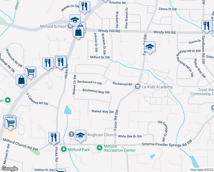 map of restaurants, bars, coffee shops, grocery stores, and more near 609 Birchwood Road in Marietta