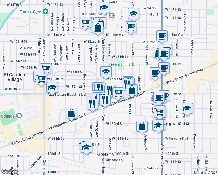 map of restaurants, bars, coffee shops, grocery stores, and more near 2125 West 157th Street in Gardena