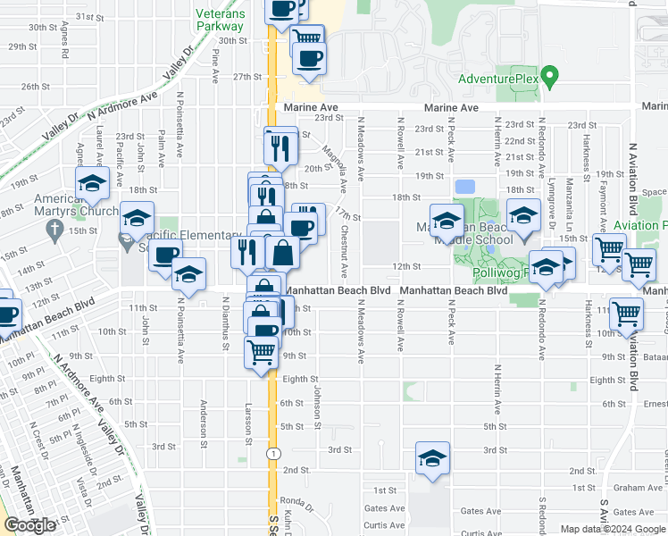 map of restaurants, bars, coffee shops, grocery stores, and more near 1200 Magnolia Avenue in Manhattan Beach