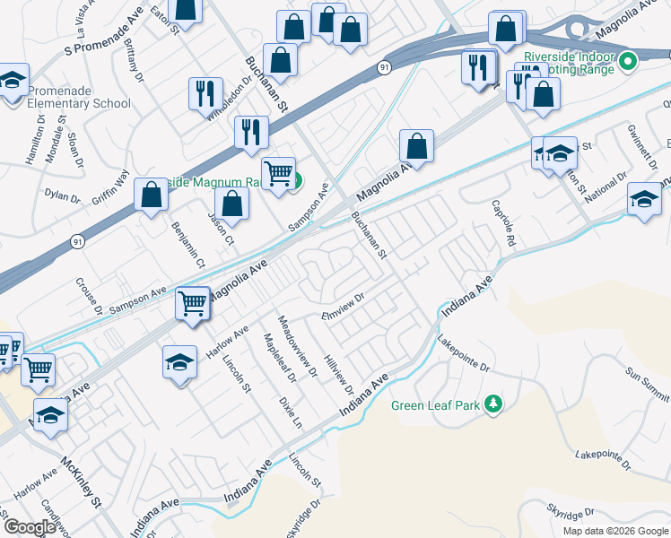 map of restaurants, bars, coffee shops, grocery stores, and more near 3700 Buchanan Street in Riverside