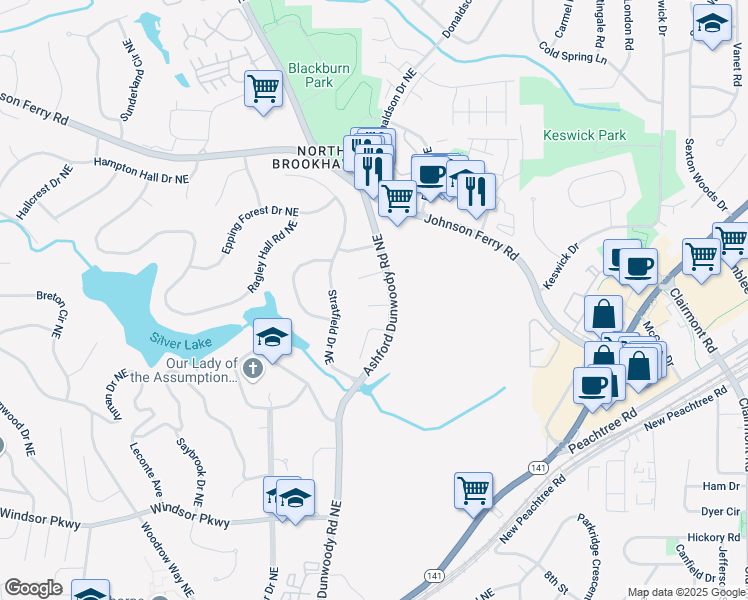 map of restaurants, bars, coffee shops, grocery stores, and more near 1559 Brookhaven Hill Northeast in Atlanta