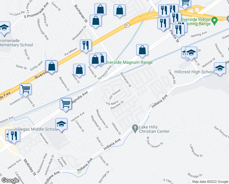map of restaurants, bars, coffee shops, grocery stores, and more near 3700 Buchanan Street in Riverside