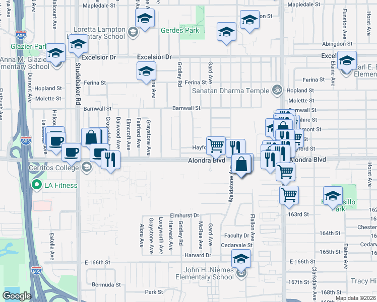 map of restaurants, bars, coffee shops, grocery stores, and more near 11418 Hayford Street in Norwalk