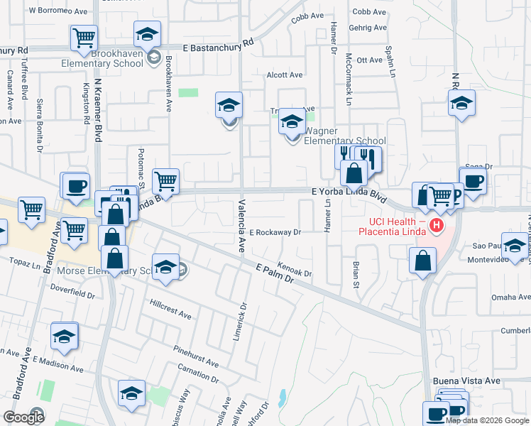 map of restaurants, bars, coffee shops, grocery stores, and more near 631 Highlander Avenue in Placentia