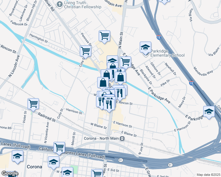 map of restaurants, bars, coffee shops, grocery stores, and more near 602 North Main Street in Corona