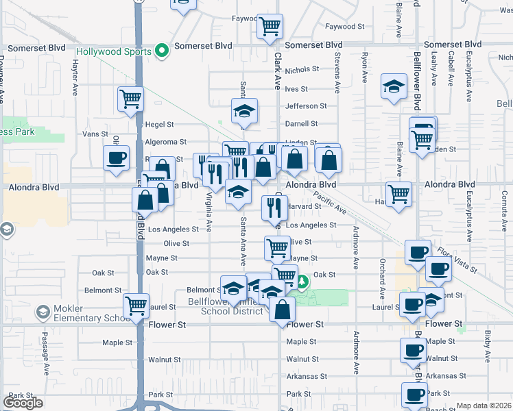 map of restaurants, bars, coffee shops, grocery stores, and more near 9321 Harvard Street in Bellflower