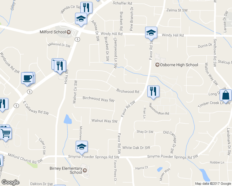 map of restaurants, bars, coffee shops, grocery stores, and more near 609 Birchwood Road in Marietta