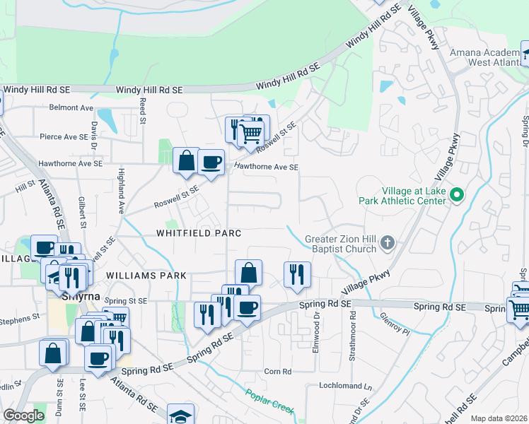 map of restaurants, bars, coffee shops, grocery stores, and more near 1531 Springleaf Cove Southeast in Smyrna