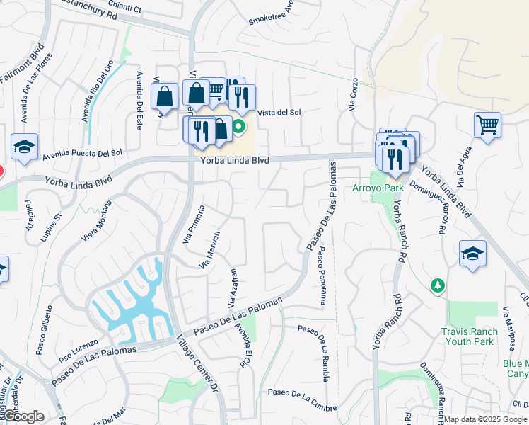 map of restaurants, bars, coffee shops, grocery stores, and more near 20624 Calle Tranquillo in Yorba Linda