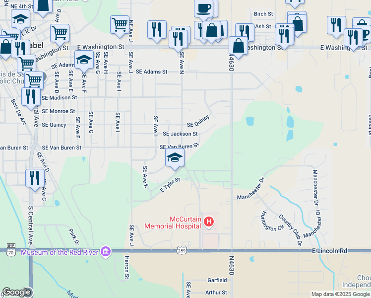 map of restaurants, bars, coffee shops, grocery stores, and more near 808 Southeast Avenue North in Idabel