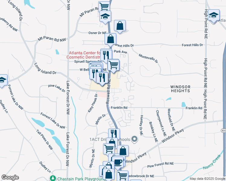 map of restaurants, bars, coffee shops, grocery stores, and more near 4883 Roswell Road Northeast in Atlanta