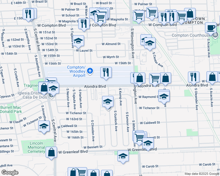 map of restaurants, bars, coffee shops, grocery stores, and more near 950 West Alondra Boulevard in Compton