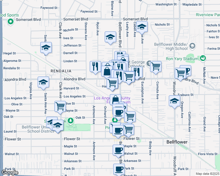 map of restaurants, bars, coffee shops, grocery stores, and more near 9718 Harvard Street in Bellflower