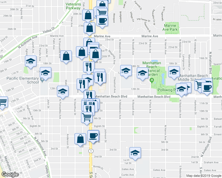 map of restaurants, bars, coffee shops, grocery stores, and more near 1200 Magnolia Avenue in Manhattan Beach