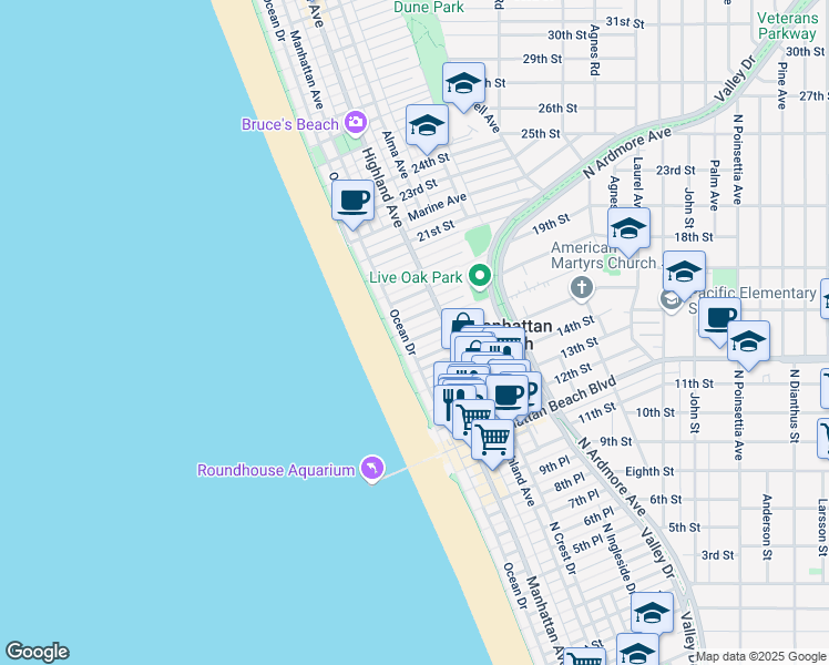 map of restaurants, bars, coffee shops, grocery stores, and more near 124 17th Street in Manhattan Beach