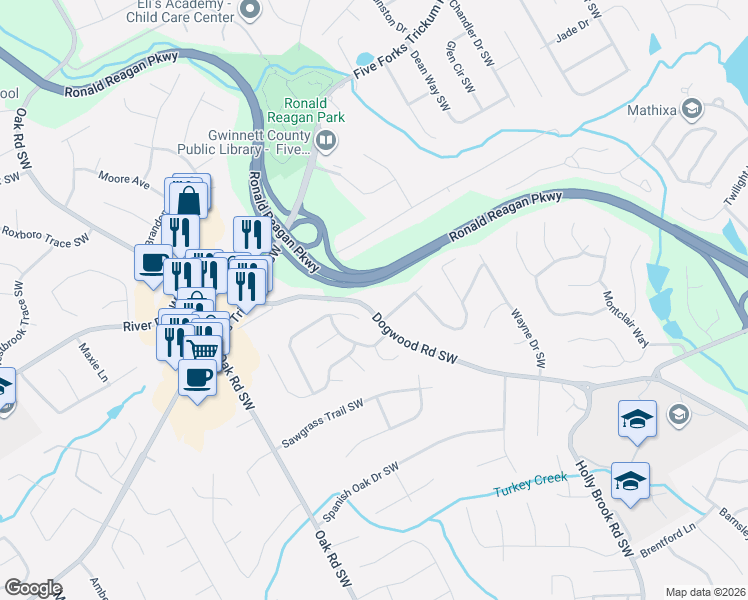 map of restaurants, bars, coffee shops, grocery stores, and more near 2797 Olde Gate Court Southwest in Snellville