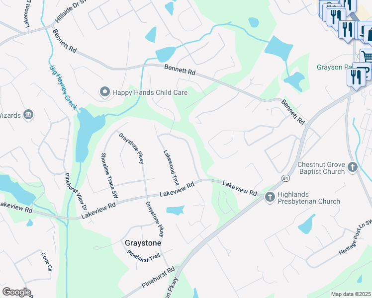 map of restaurants, bars, coffee shops, grocery stores, and more near 2031 Lakewood Circle Southwest in Grayson
