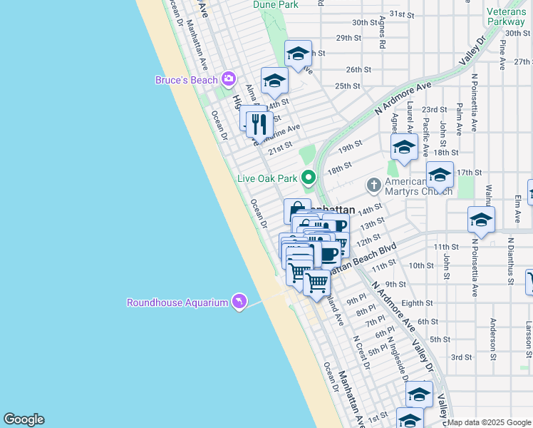 map of restaurants, bars, coffee shops, grocery stores, and more near 124 17th Street in Manhattan Beach
