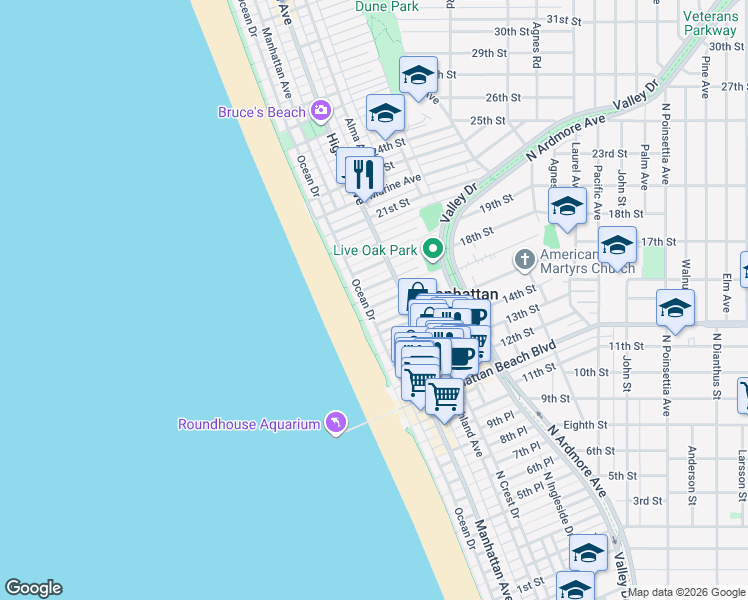 map of restaurants, bars, coffee shops, grocery stores, and more near 120 16th Place in Manhattan Beach