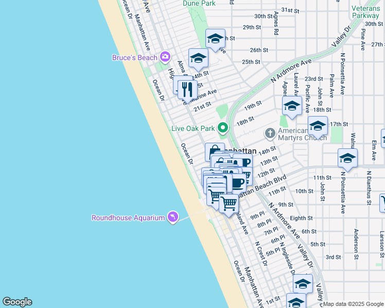 map of restaurants, bars, coffee shops, grocery stores, and more near 124 17th Street in Manhattan Beach