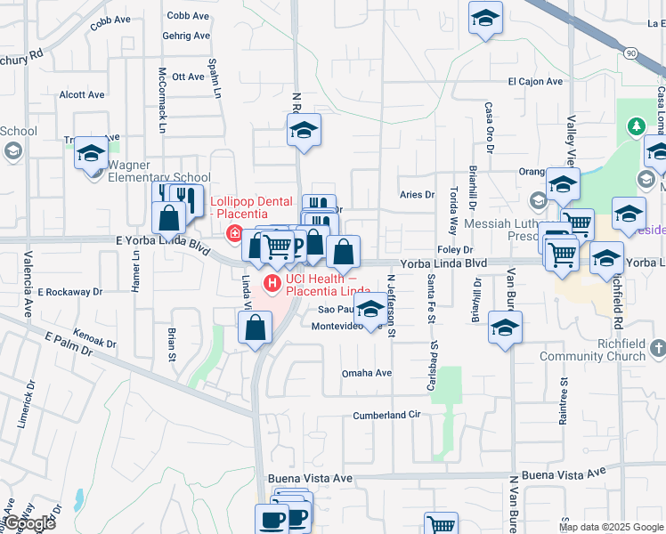map of restaurants, bars, coffee shops, grocery stores, and more near 1228 East Yorba Linda Boulevard in Placentia