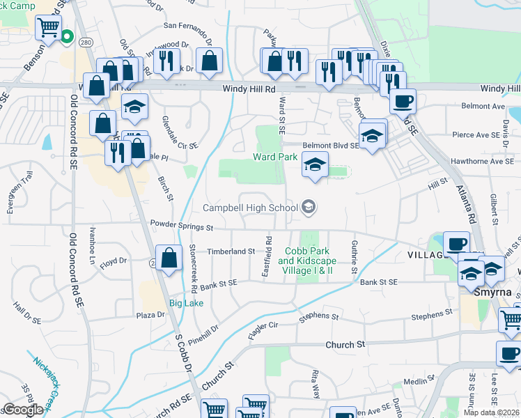 map of restaurants, bars, coffee shops, grocery stores, and more near 892 Wayland Court in Smyrna
