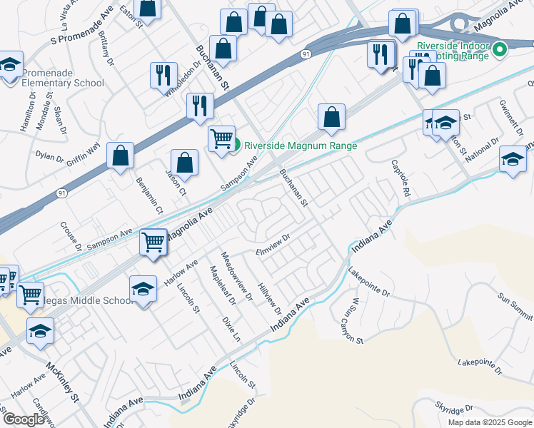 map of restaurants, bars, coffee shops, grocery stores, and more near 3700 Buchanan Street in Riverside