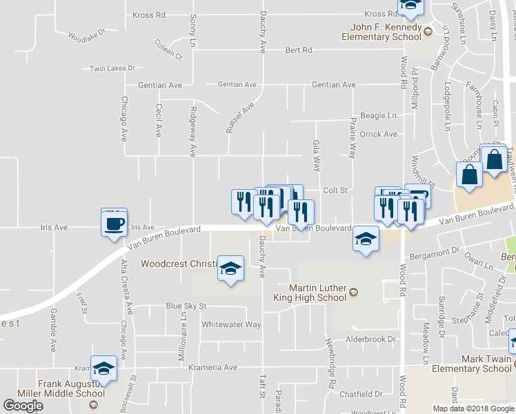 map of restaurants, bars, coffee shops, grocery stores, and more near 15931 Dauchy Avenue in Riverside