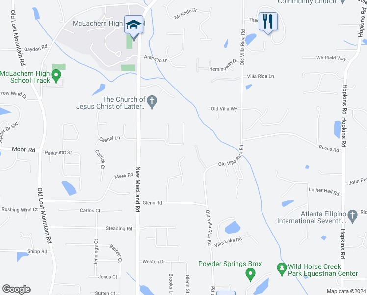 map of restaurants, bars, coffee shops, grocery stores, and more near 4188 Irish Highland Drive in Powder Springs