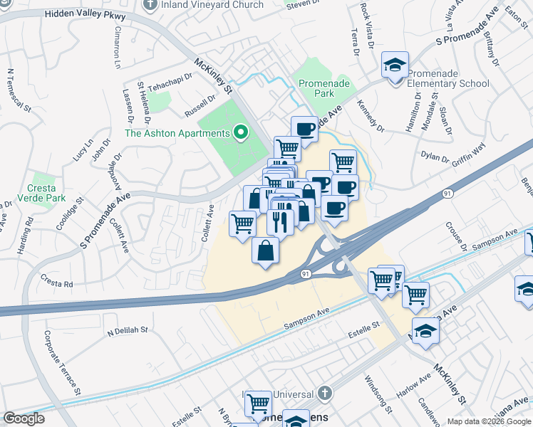 map of restaurants, bars, coffee shops, grocery stores, and more near in Corona