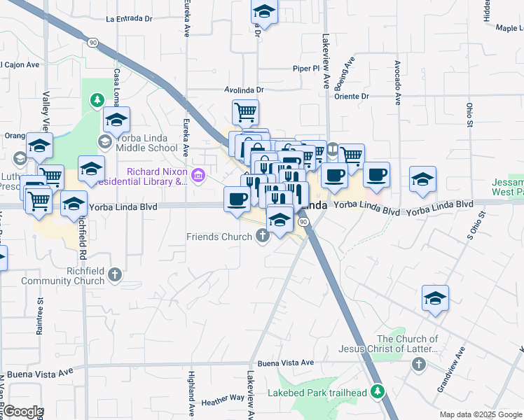 map of restaurants, bars, coffee shops, grocery stores, and more near 18200 Yorba Linda Boulevard in Yorba Linda