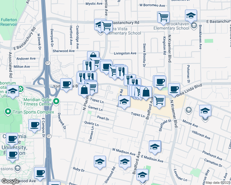 map of restaurants, bars, coffee shops, grocery stores, and more near 3100 Yorba Linda Boulevard in Fullerton