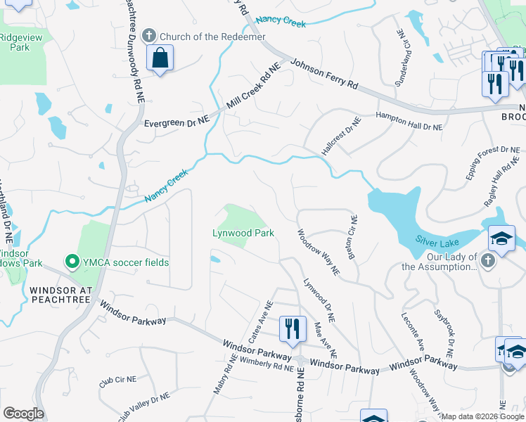 map of restaurants, bars, coffee shops, grocery stores, and more near 3369 Osborne Road Northeast in Brookhaven