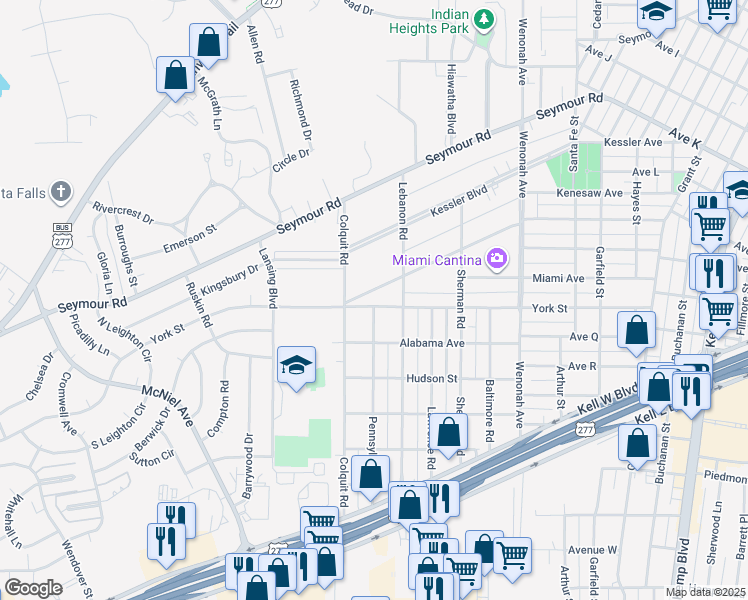 map of restaurants, bars, coffee shops, grocery stores, and more near 3801 York Street in Wichita Falls