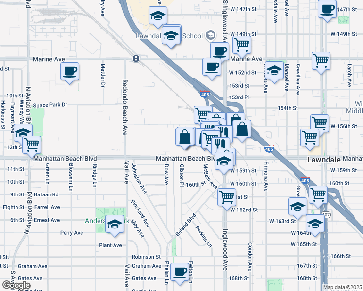 map of restaurants, bars, coffee shops, grocery stores, and more near 2607 Manhattan Beach Boulevard in Redondo Beach