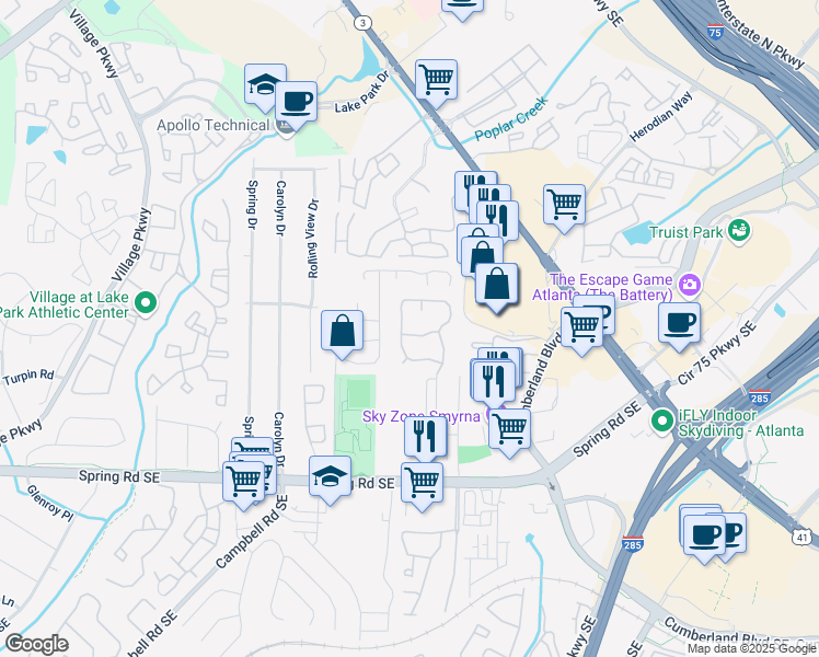 map of restaurants, bars, coffee shops, grocery stores, and more near 2025 Oakley Trace in Smyrna