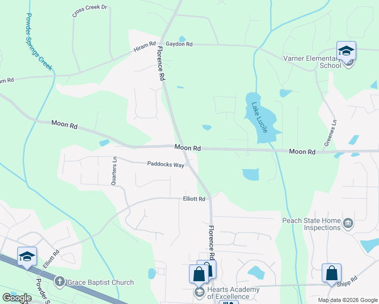 map of restaurants, bars, coffee shops, grocery stores, and more near 1020 Paddocks Way in Powder Springs
