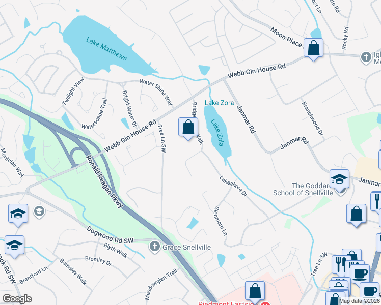 map of restaurants, bars, coffee shops, grocery stores, and more near 1261 Bridgewater Walk in Snellville